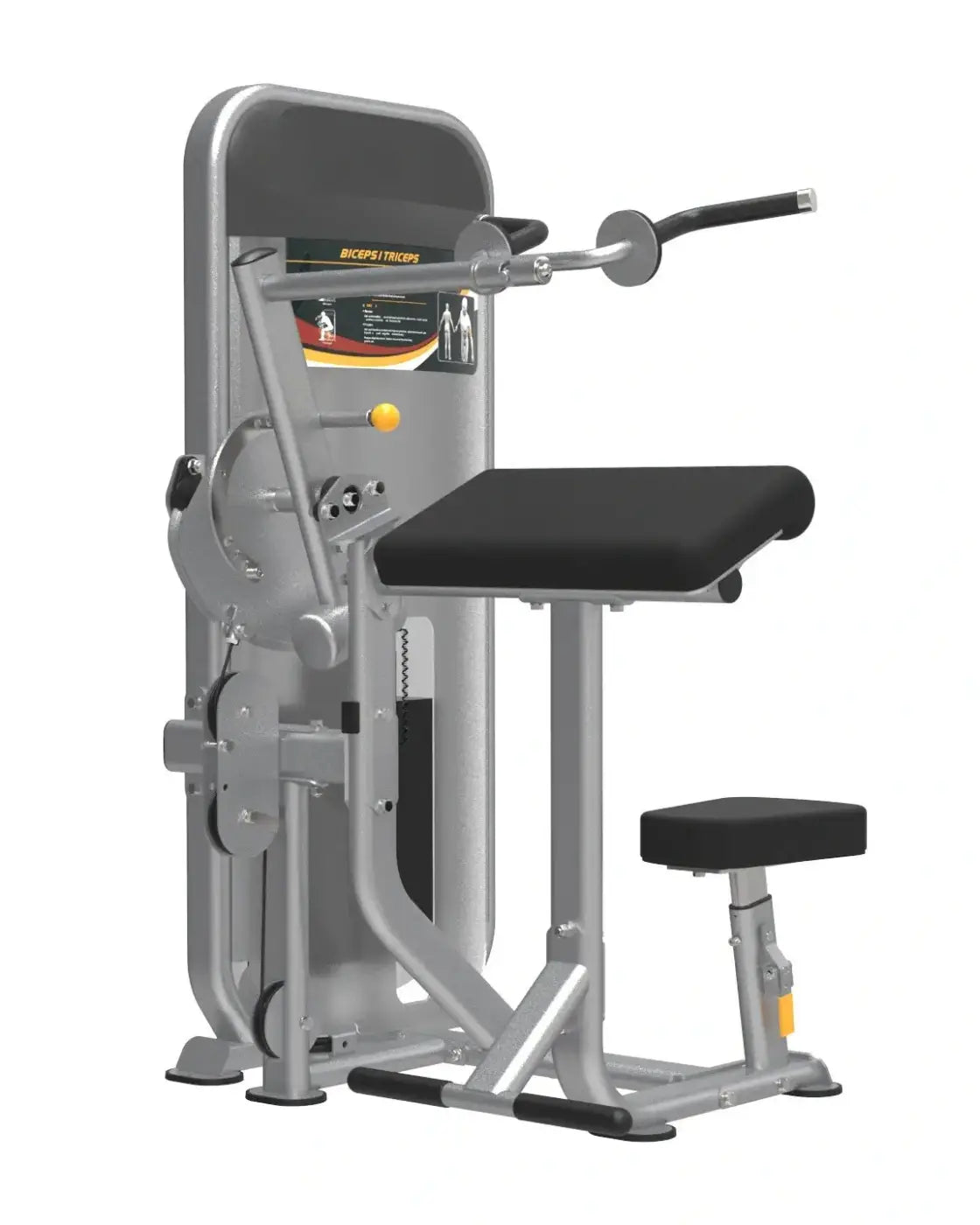 Gym Gear Dual Series bicep tricep cable machine in silver metal with black padded seat and yellow adjustment knob UK delivery