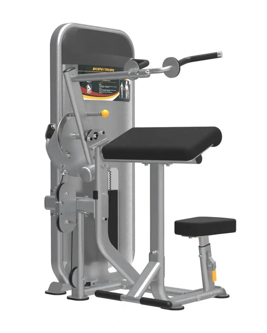 Gym Gear Dual Series bicep tricep cable machine in silver metal with black padded seat and yellow adjustment knob UK delivery