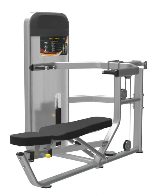 Silver gym gear dual series multi press machine with black padded bench and control panel for home fitness use