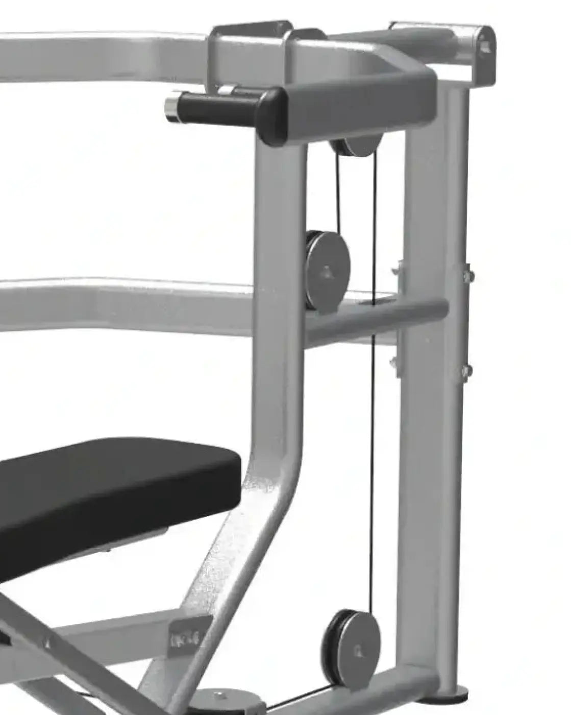Silver metal cable machine gym gear dual series multi press with black padded seat and circular pulley wheels for home fitness