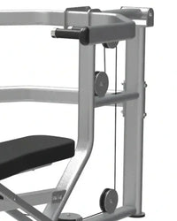Silver metal cable machine gym gear dual series multi press with black padded seat and circular pulley wheels for home fitness