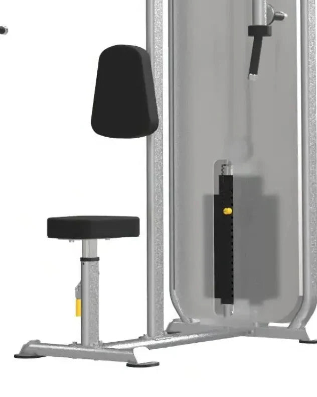 Silver and black Gym Gear dual series pec fly rear delt machine with padded seat, adjustable handles, and yellow accents for home use