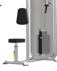 Silver and black Gym Gear dual series pec fly rear delt machine with padded seat, adjustable handles, and yellow accents for home use