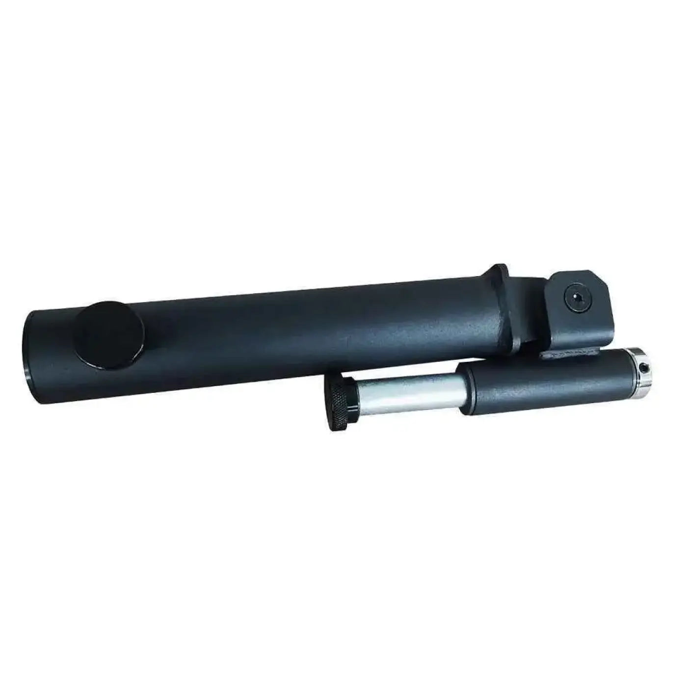 Black hydraulic cylinder with silver piston rod and threaded end cap for gym gear elite series angled barbell attachment