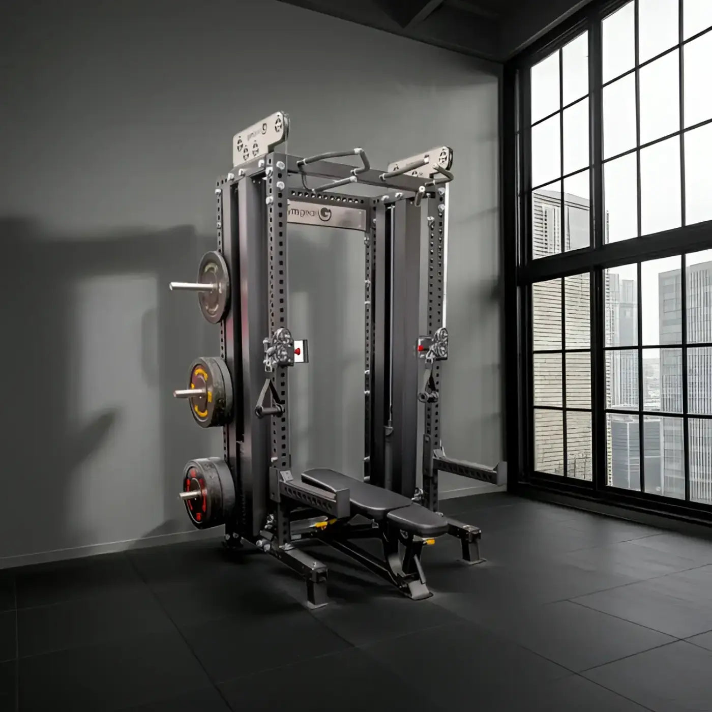 Black and silver Gym Gear Elite Series DAP Half Rack Combo power rack with adjustable weight plates and padded bench UK delivery
