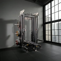 Black and silver Gym Gear Elite Series DAP Half Rack Combo power rack with adjustable weight plates and padded bench UK delivery