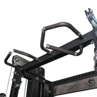 Black padded pull-up bar with silver metallic accents on gym gear elite series dap half rack combo uk delivery power rack