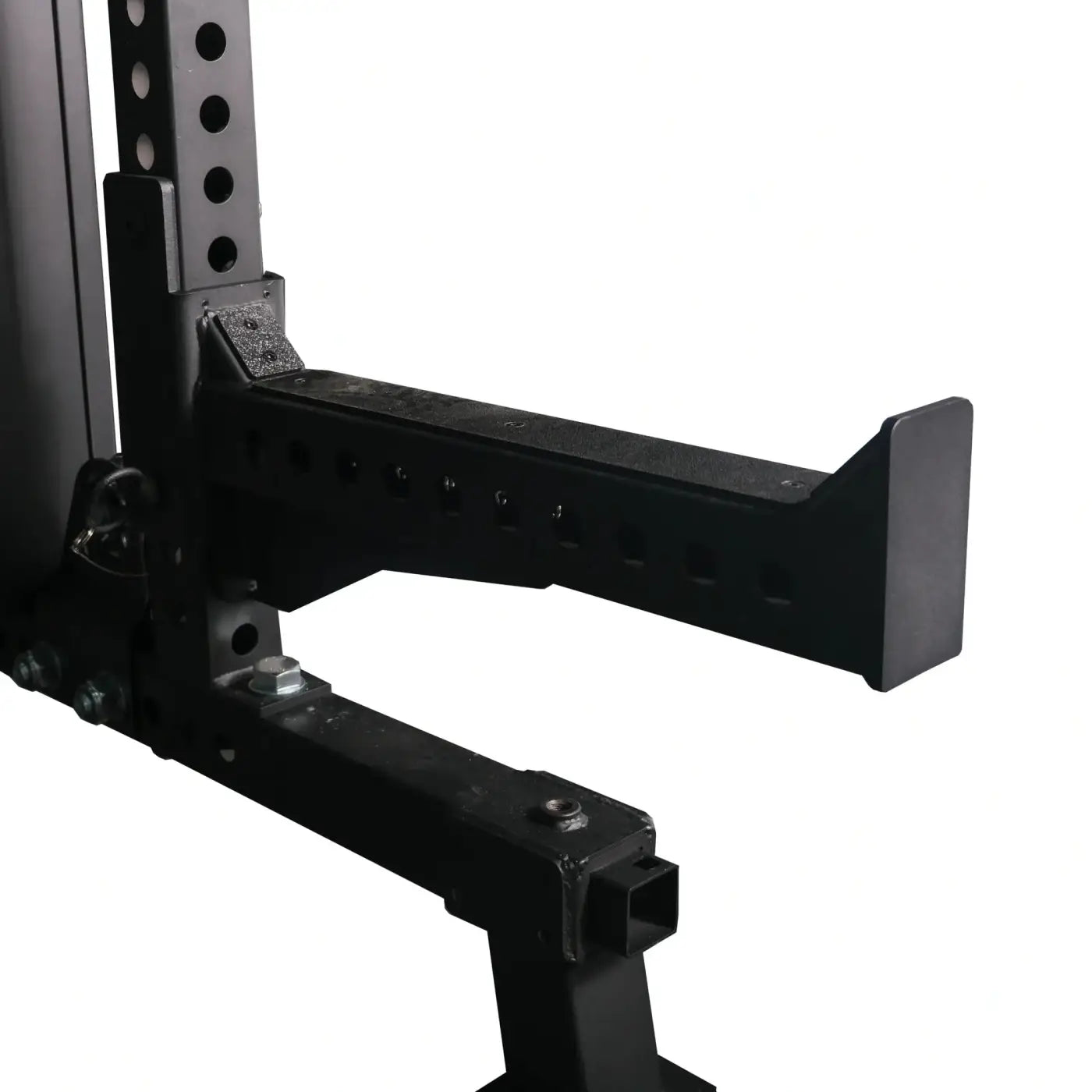 Black metal power rack safety bar with perforated design and sturdy welded joints on Gym Gear Elite Series DAP Half Rack combo