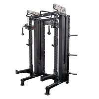 Black metal gym gear elite series power rack with adjustable height bars and weight plates for strength training uk delivery