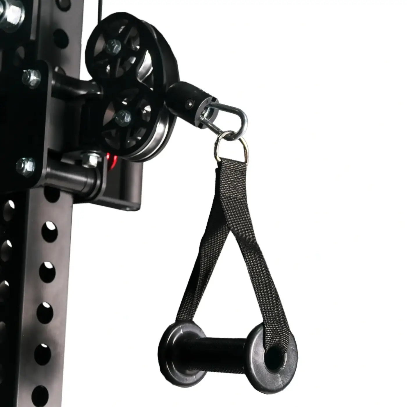 Black rubber-handled cable machine attachment with triangular strap and pulley system for gym gear elite series dap half rack combo uk delivery