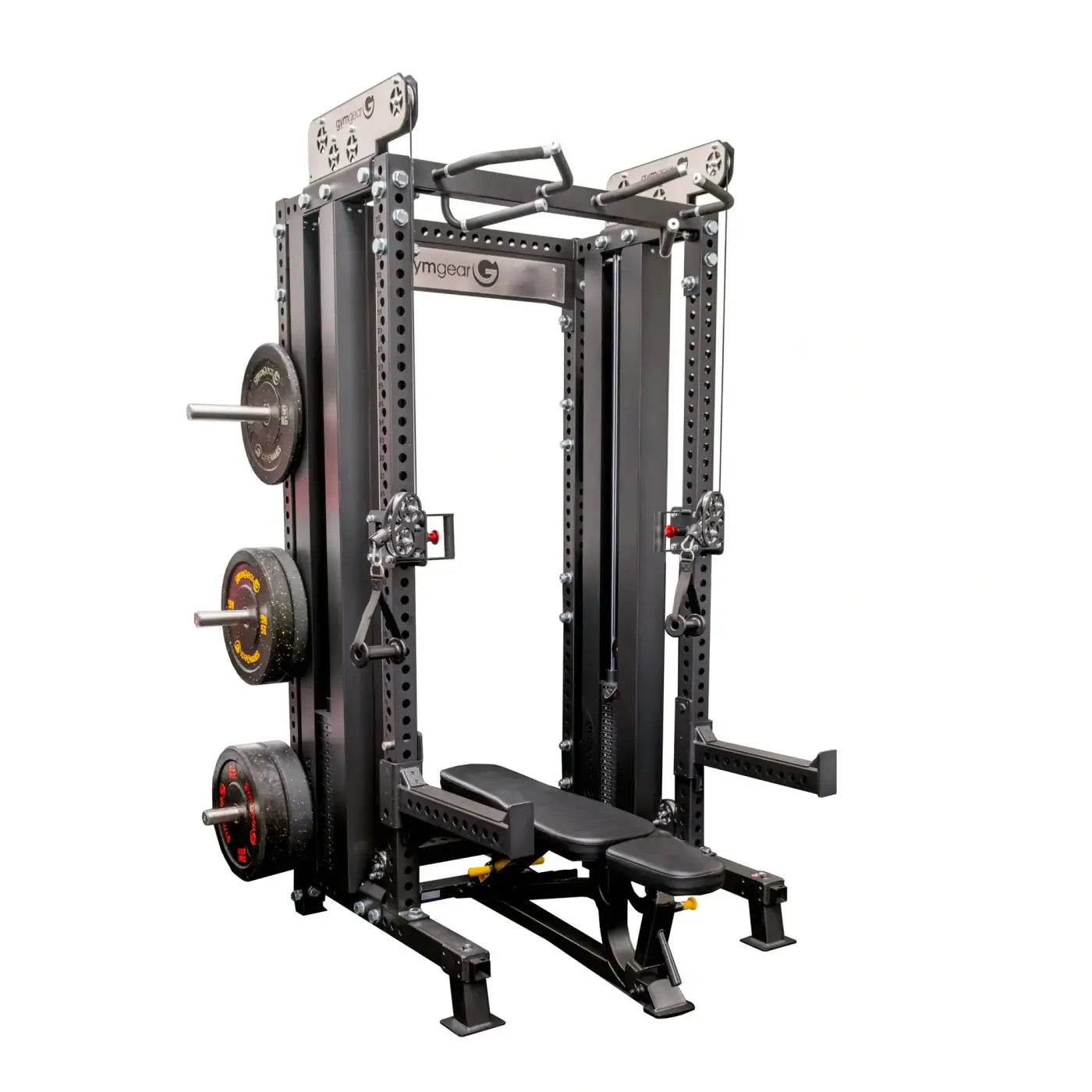 Black metal power rack with integrated bench and weight plates gym gear elite series DAP half rack combo UK delivery