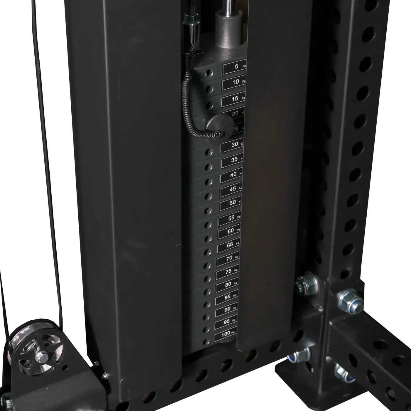 Black metal weight stack with numbered load indicators and coiled cable on gym gear elite series dap half rack combo