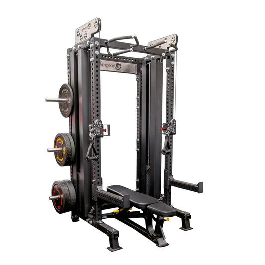 Black metal power rack with integrated bench and weight plates gym gear elite series DAP half rack combo UK delivery