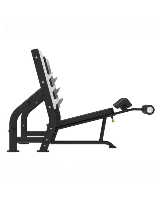 Black Gym Gear Elite Series Olympic decline bench with adjustable backrest and silver barbell rack for home gym use