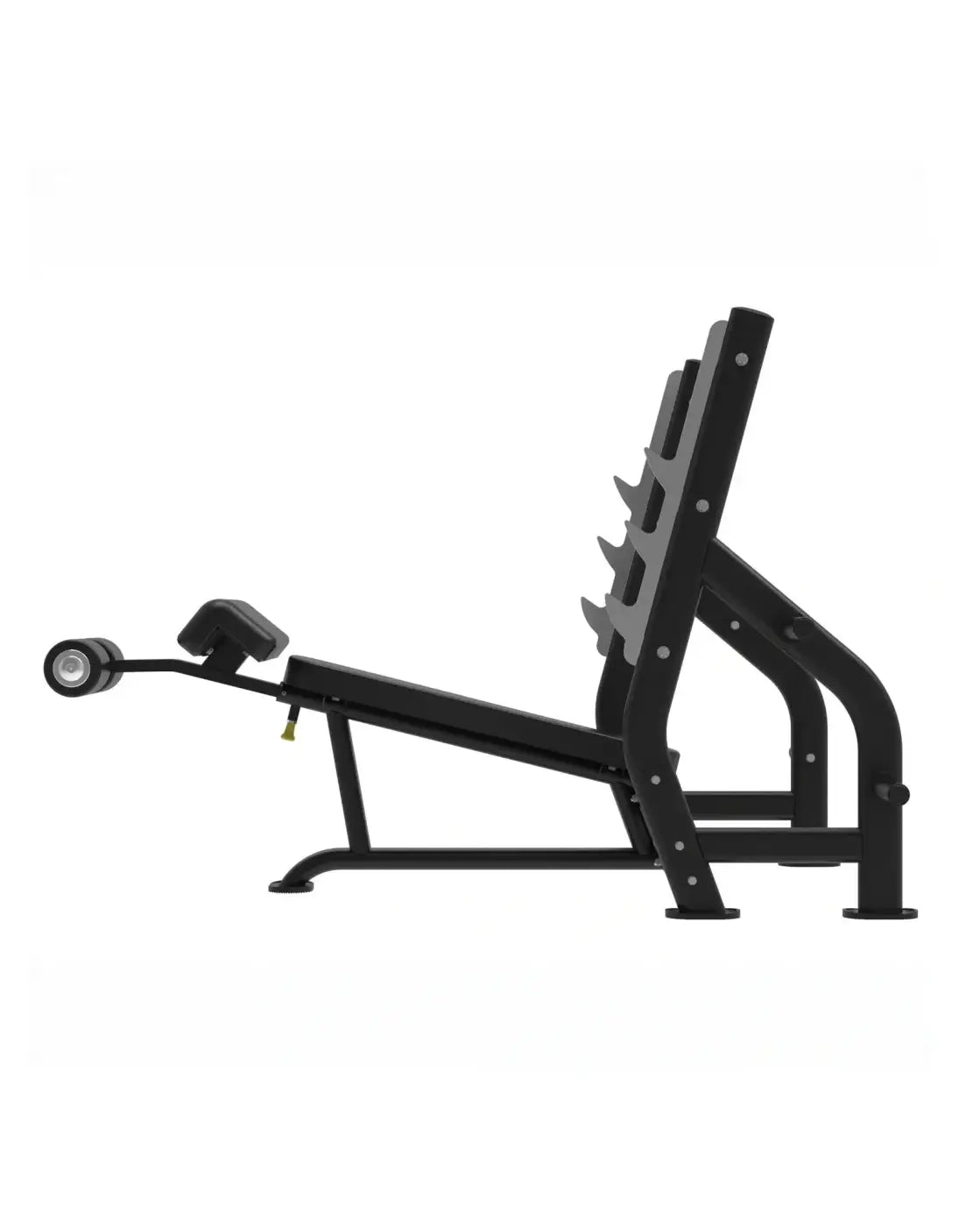 Black metal Gym Gear Elite Series Olympic decline bench with adjustable incline backrest and attached weight rack for home gym