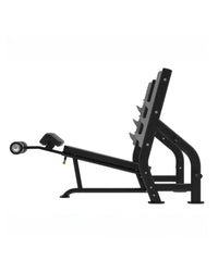 Black metal Gym Gear Elite Series Olympic decline bench with adjustable incline backrest and attached weight rack for home gym