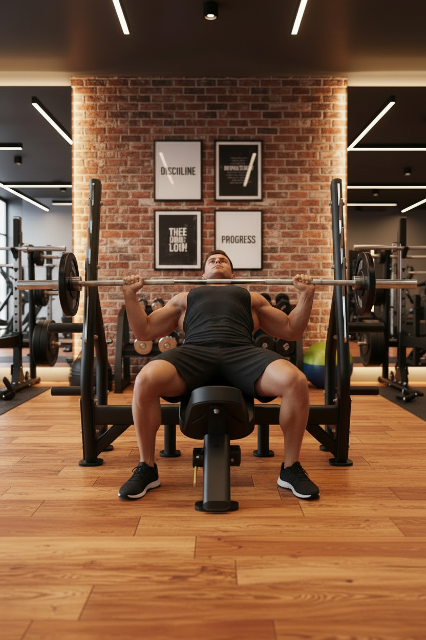 Person performing a bench press in a gym with brick walls and wooden floors.