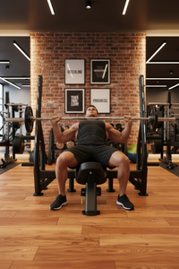 Person performing a bench press in a gym with brick walls and wooden floors.