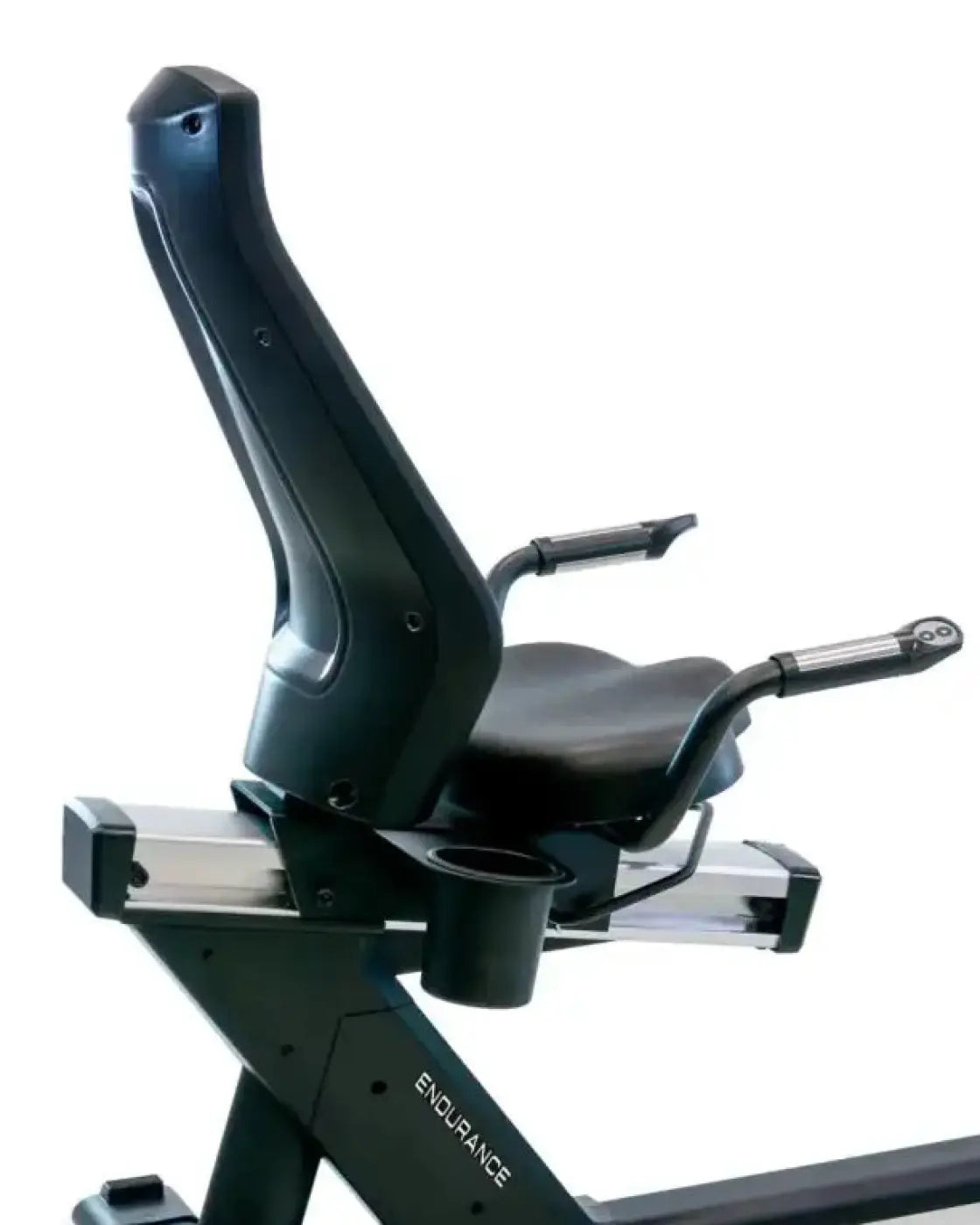 Black endurance recumbent exercise bike with padded seat and adjustable backrest built for home use by Gym Gear