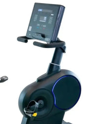 Black gym gear endurance recumbent bike with digital display and blue accent lighting built for home use