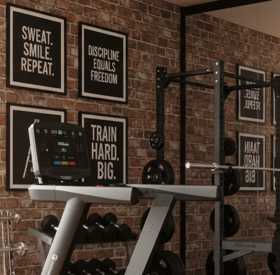 A modern treadmill in a gym setting with a brick wall, motivational posters, weight racks, and wooden flooring.