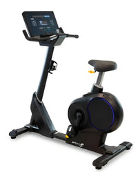 Black gymreps stationary exercise bike with digital display and blue accent lighting for home use