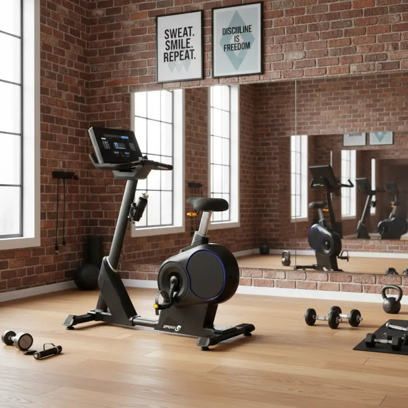 Black and blue gym gear endurance upright bike with digital display screen designed for home use