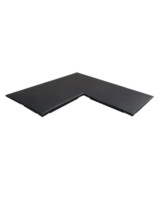 Black l-shaped foam mat with smooth padded surface and ramped edge for gym gear home workout flooring