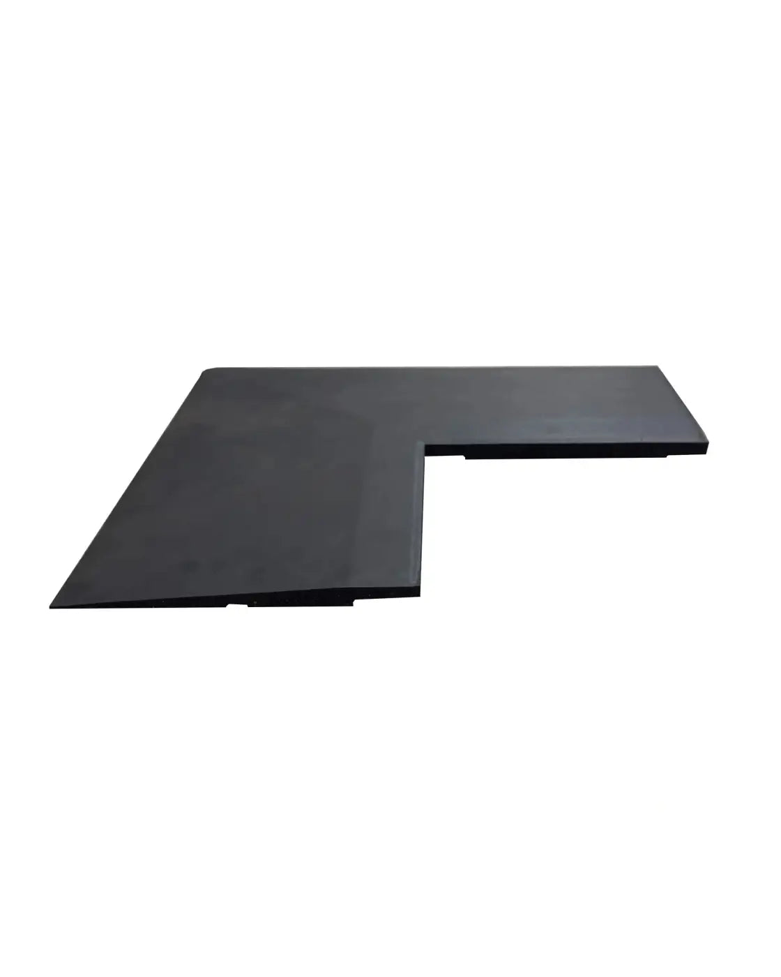 Black l-shaped gym gear desk top with smooth matte finish and ramped edges for home workout floor corner use