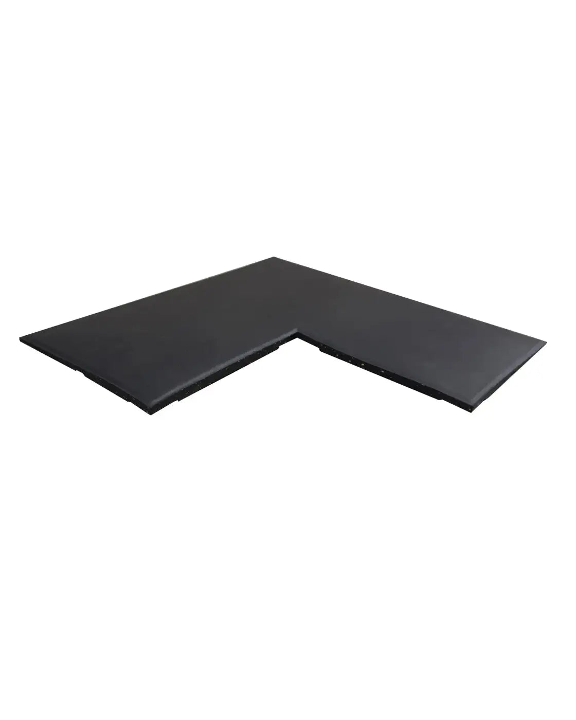 Black l-shaped foam mat with smooth padded surface and ramped edge for gym gear home workout flooring