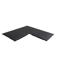Black l-shaped foam mat with smooth padded surface and ramped edge for gym gear home workout flooring