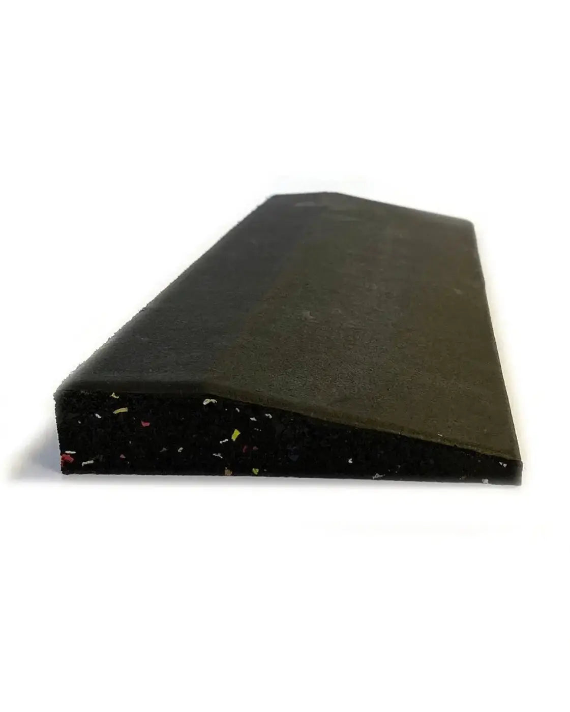 Black rubber gym floor edge ramp with textured surface and colorful flecks for home workout use