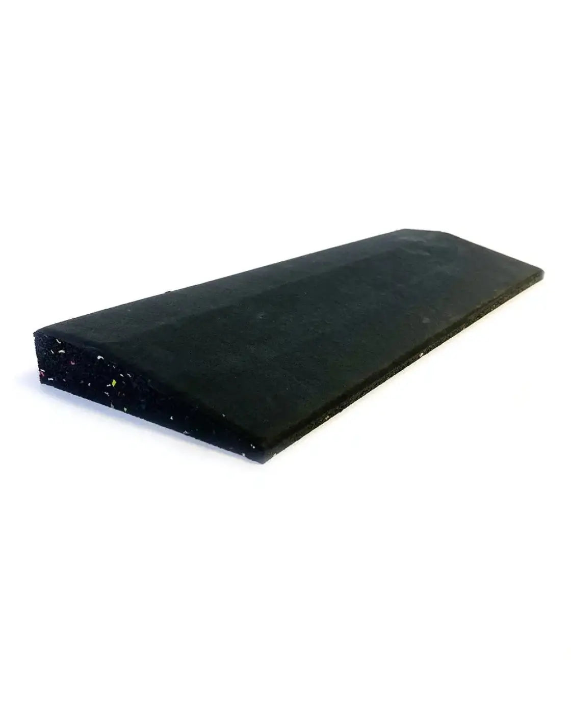 Black rubber gym floor edge with textured surface and tapered edges for home workout safety and flooring protection