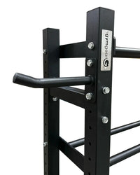 Black metal gym gear functional storage rack with sturdy industrial design and silver bolts for home workout use