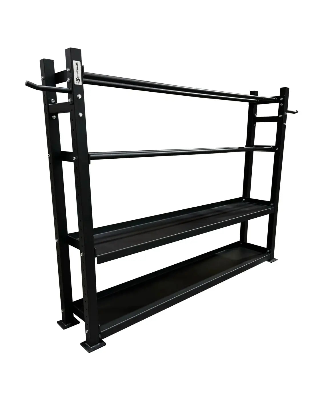 Black metal gym gear functional storage rack with four horizontal shelves and side handles for home workout organization