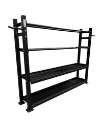 Black metal gym gear functional storage rack with four horizontal shelves and side handles for home workout organization