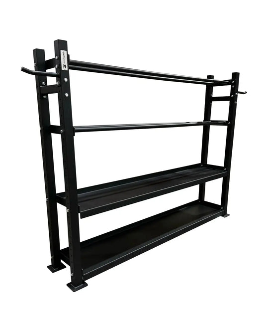 Black metal gym gear functional storage rack with four horizontal shelves and side handles for home workout organization