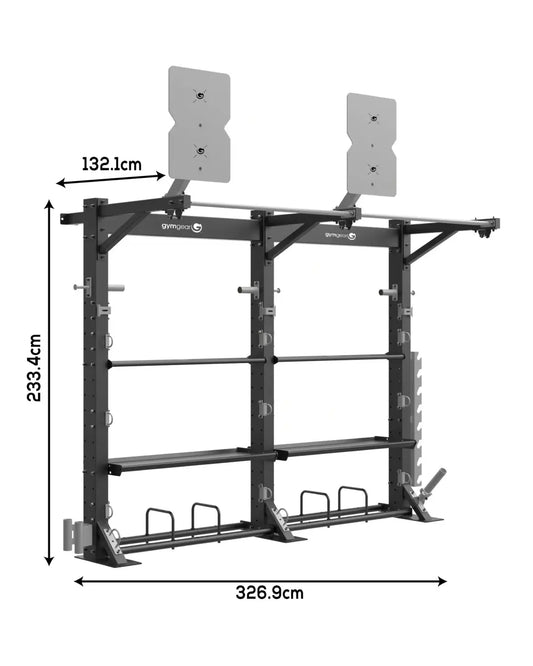 Black metal gym rack with adjustable shelves and two target boards mounted at the top from Gym Gear functional storage solutions series UK delivery