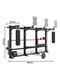 Black metal home gym rack with integrated shelves hanging punching bags and weight storage compartments uk delivery