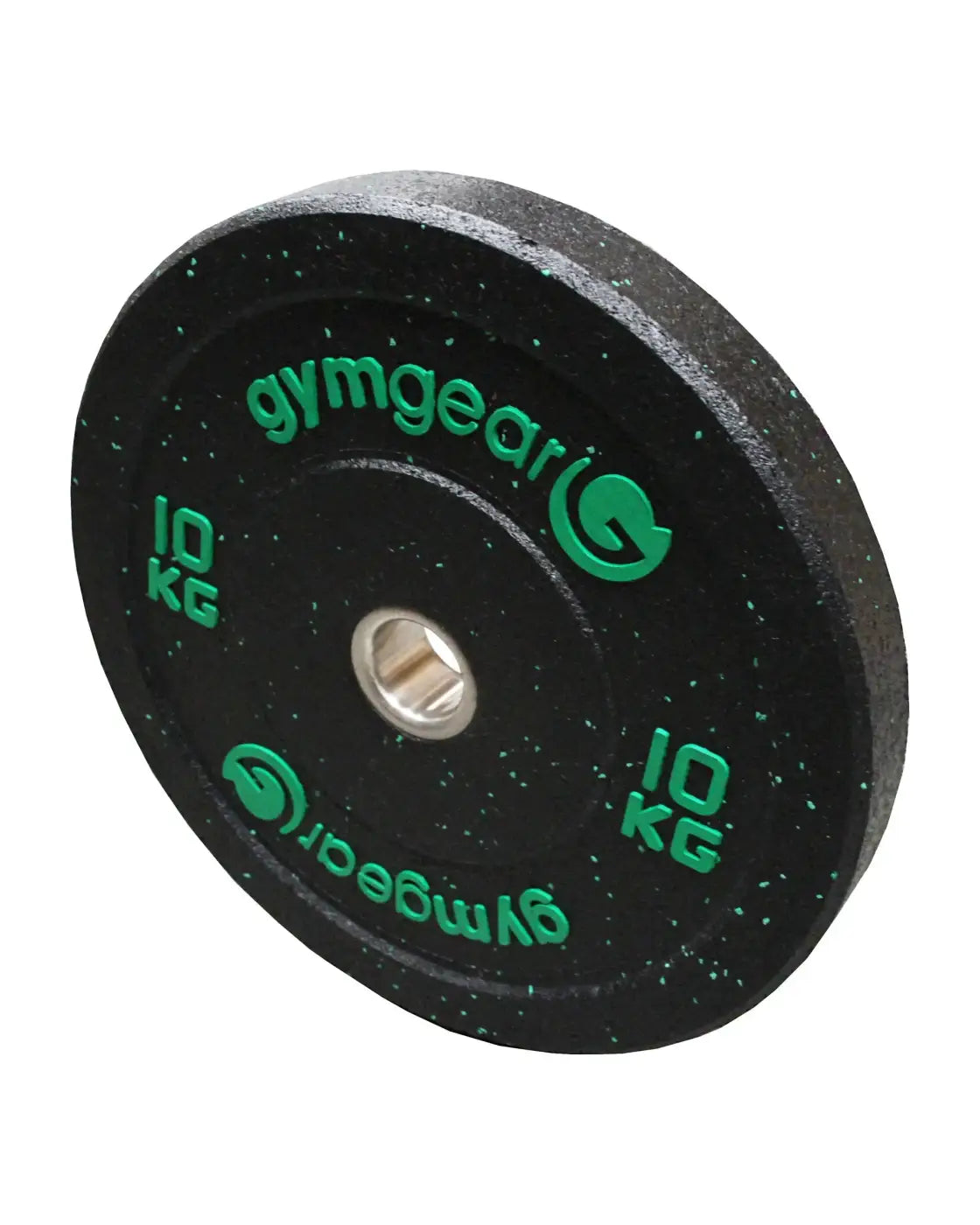 Gym Gear hi-impact bumper plate 10 kg black with green speckled texture and matching logo for home use
