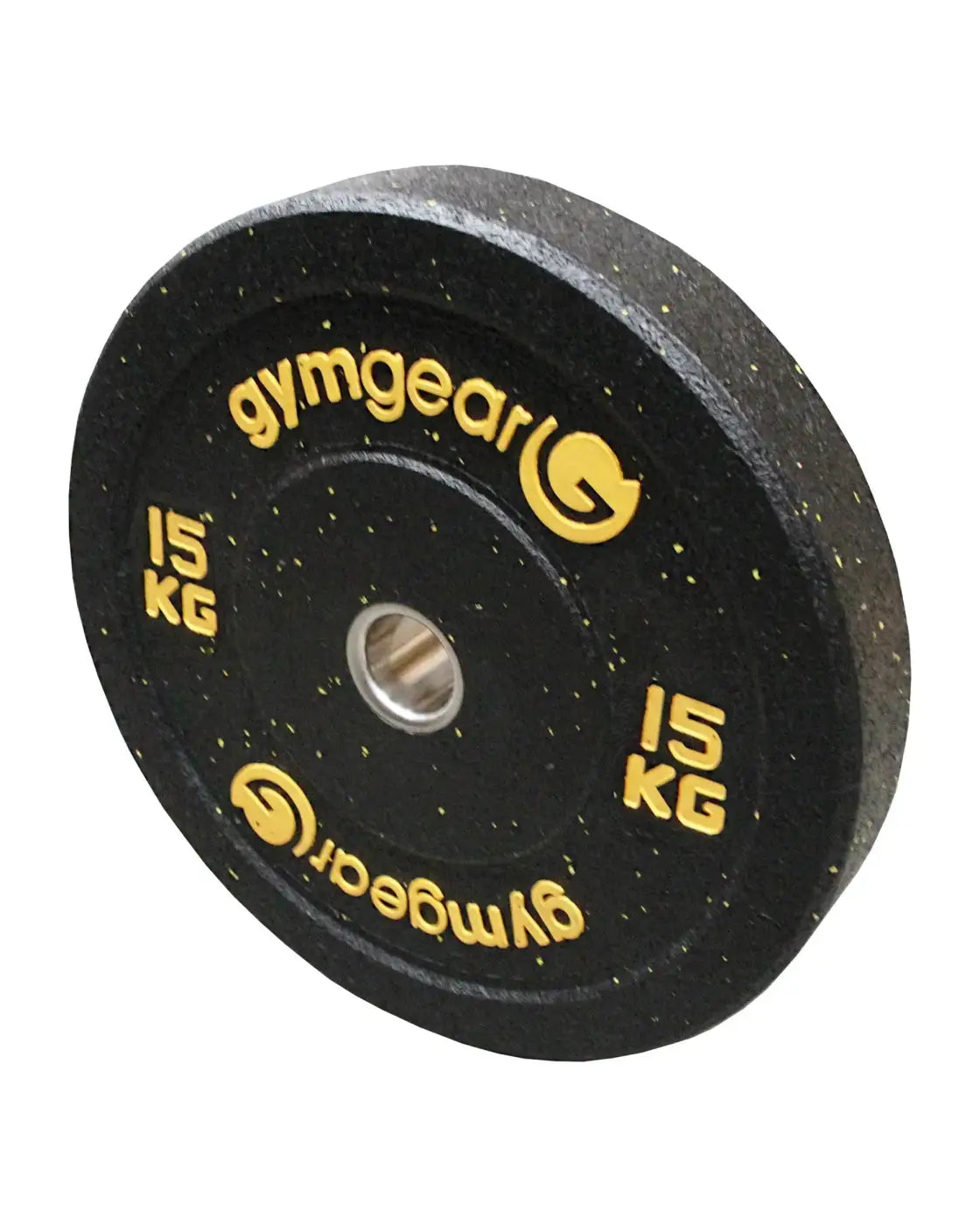 Black gymgear hi-impact 15 kg bumper plate with yellow lettering and speckled texture built for home use