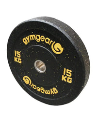 Black gymgear hi-impact 15 kg bumper plate with yellow lettering and speckled texture built for home use