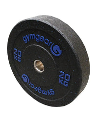 Black gymgear 20 kg hi-impact bumper plate with blue lettering and central hole built for home use