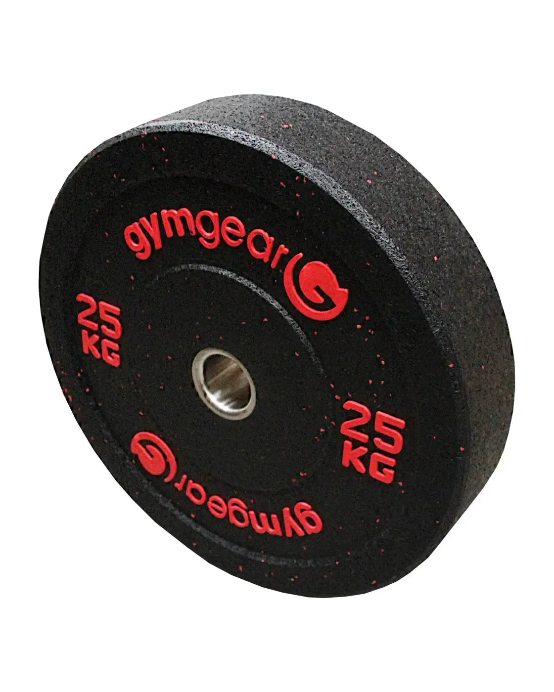 Black gym gear hi-impact bumper plate 25 kg with red lettering and speckled rubber surface for home use