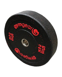 Black gym gear hi-impact bumper plate 25 kg with red lettering and speckled rubber surface for home use