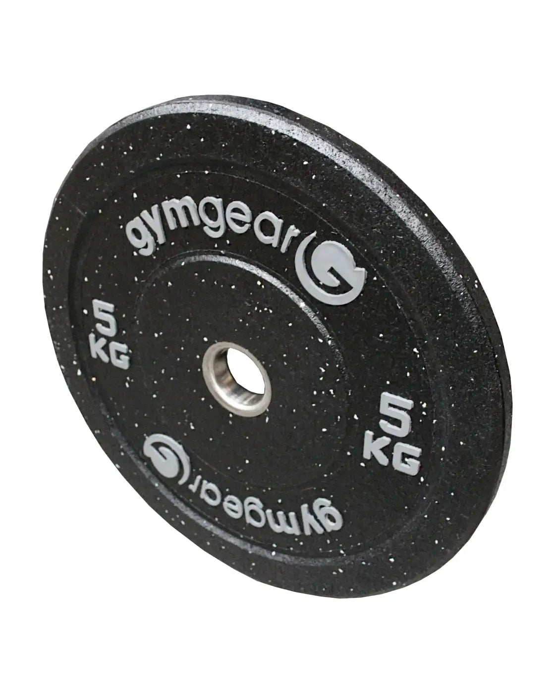 Black gymgear 5 kg hi-impact bumper plate with speckled rubber surface and silver logo built for home use