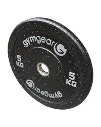Black gymgear 5 kg hi-impact bumper plate with speckled rubber surface and silver logo built for home use
