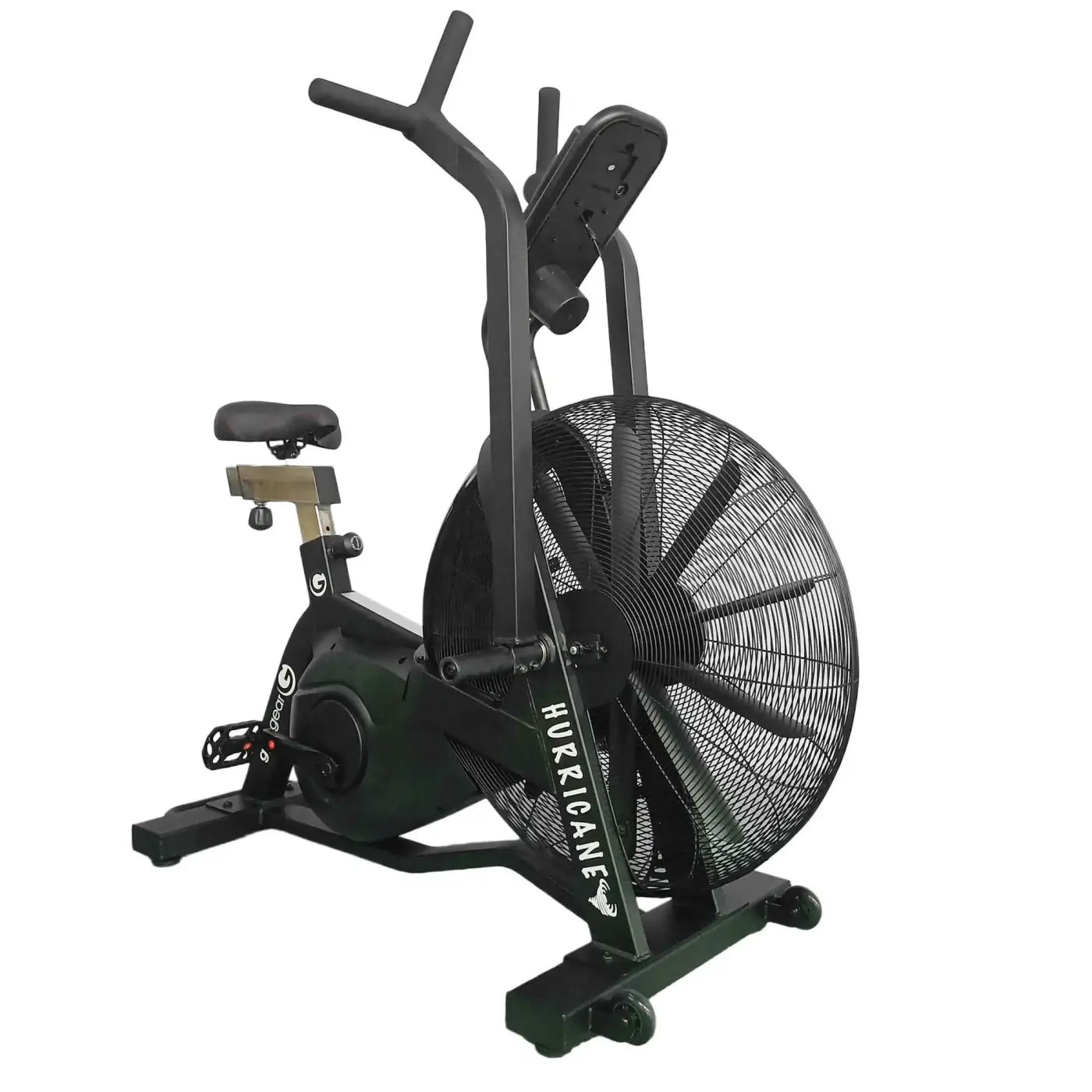 Black and dark green gym gear hurricane air assault bike showing the back side with large fan for hiit cardio use