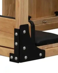 Black metal bracket with silver screws attached to wooden frame of gym gear ladder barrel space-saving design