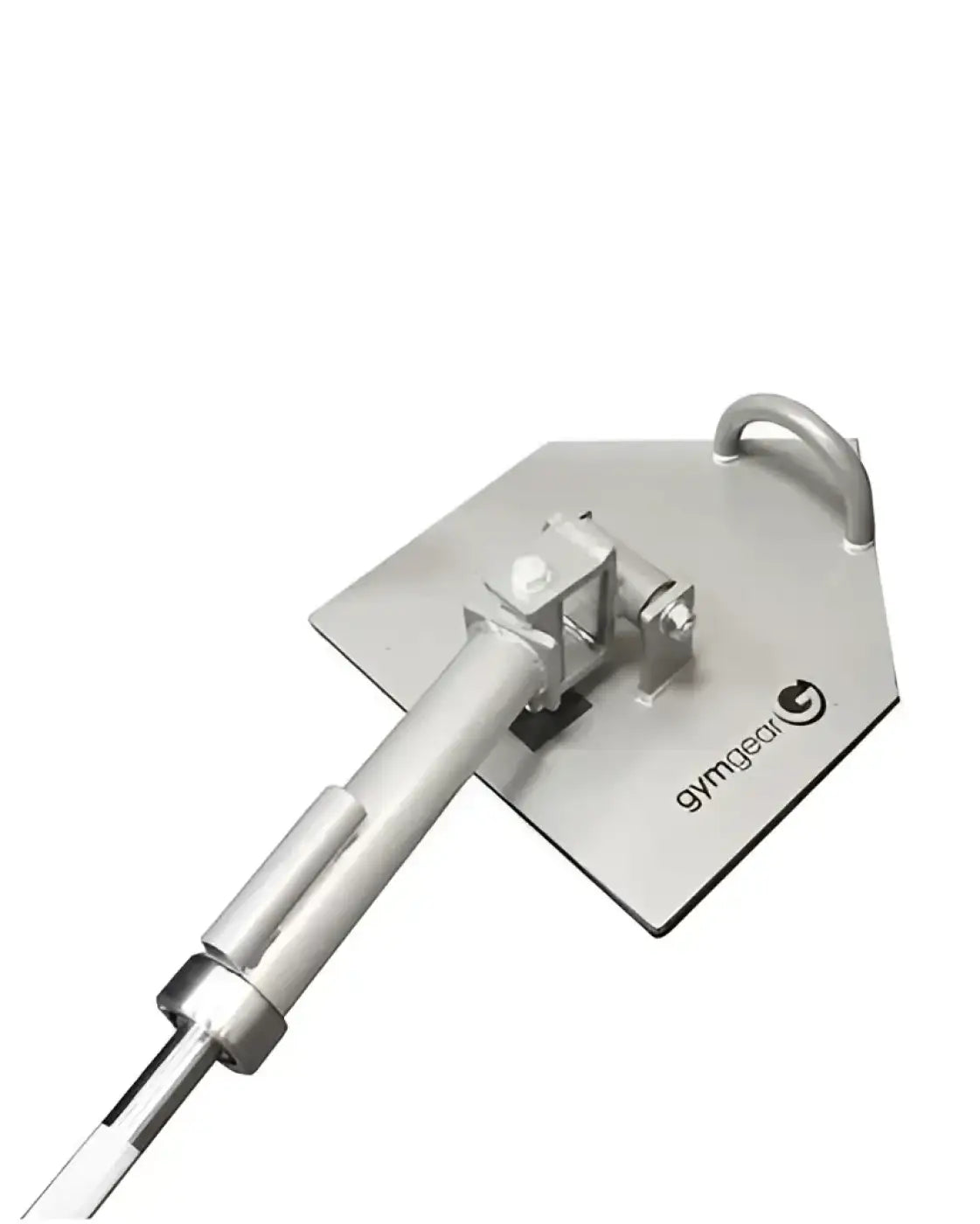 Silver metallic gym gear land mine core trainer plate with handle and adjustable attachment for home gyms